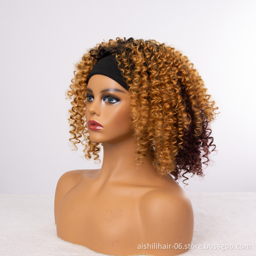 Wholesale Short Synthetic Kinky Curly Ombre Golden Blone To Brownish Red Hair Wigs With Headband For Women